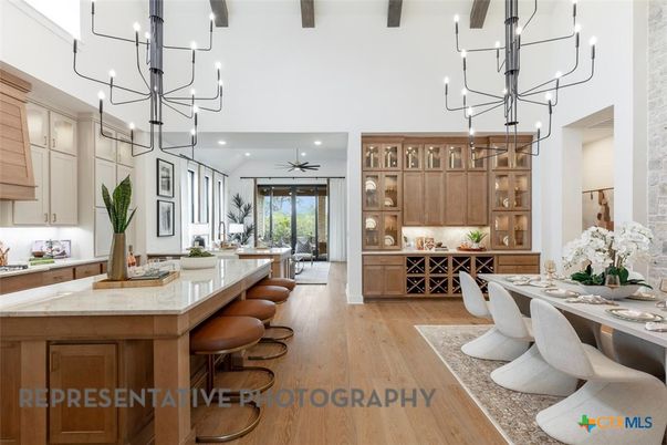 Chandelier, Dining room, Interior, Kitchen, Recessed Lighting, Wooden Beams, Wood Texture Flooring