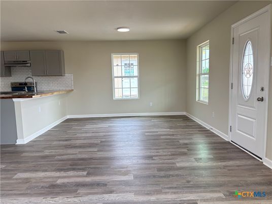 Empty room, Interior, Kitchen, Recessed Lighting, Wood Texture Flooring