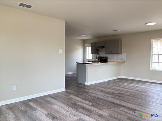 Empty room, Interior, Kitchen, Recessed Lighting, Wood Texture Flooring