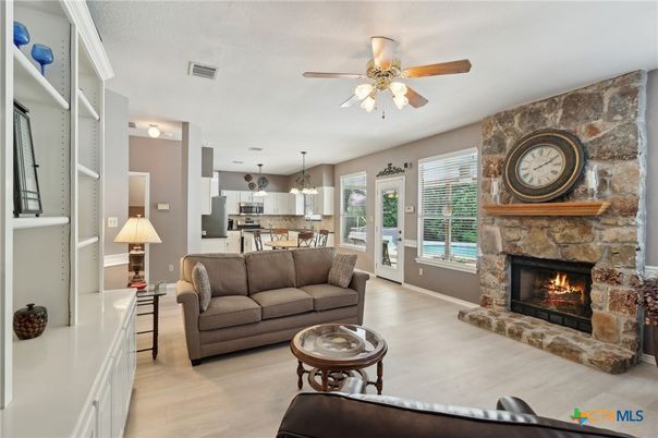 Dining room, Fireplace, Interior, Kitchen, Living room, Pendant Lights, Wood Texture Flooring