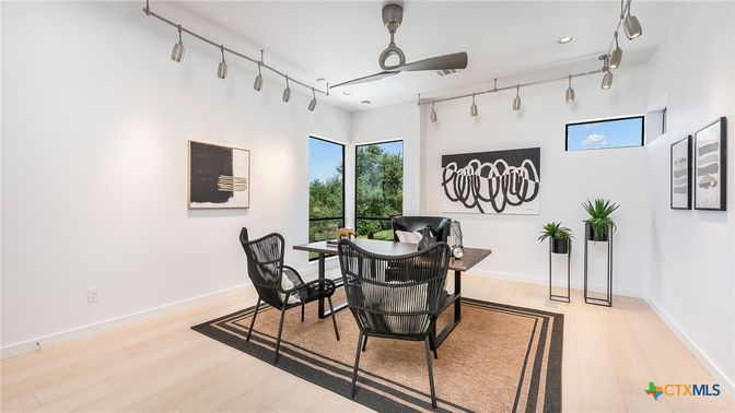 Dining room, Interior, Recessed Lighting, Wood Texture Flooring