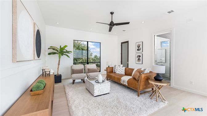 Interior, Living room, Recessed Lighting, Wood Texture Flooring