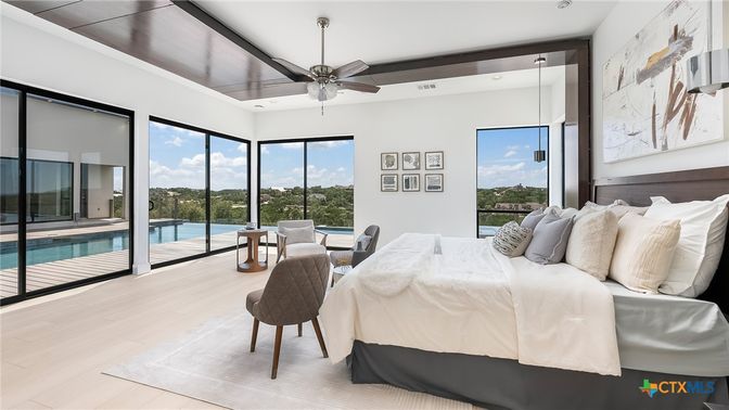 Bedroom, Interior, Recessed Lighting, Water, Wood Texture Flooring