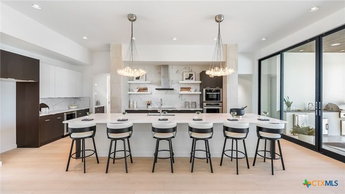 Chandelier, Interior, Kitchen, Pendant Lights, Recessed Lighting, Stainless Steel Appliances, Wood Texture Flooring