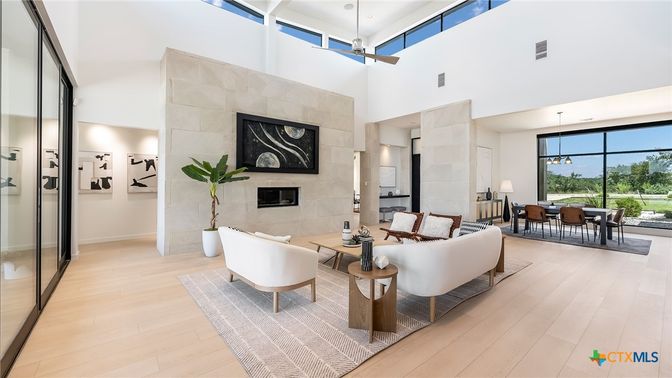 Dining room, Fireplace, Interior, Living room, Pendant Lights, Wood Texture Flooring
