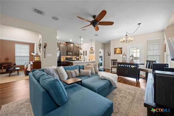 Chandelier, Dining room, Interior, Kitchen, Living room, Pendant Lights, Recessed Lighting, Wood Texture Flooring