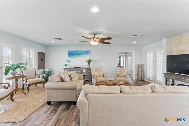 Interior, Living room, Recessed Lighting, Stone Walls, Wood Texture Flooring
