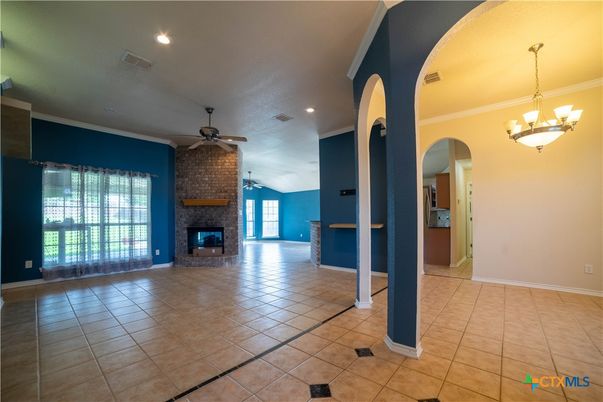 Chandelier, Empty room, Fireplace, Interior, Recessed Lighting