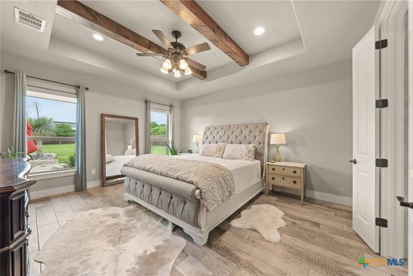 Bedroom, Interior, Recessed Lighting, Wooden Beams, Wood Texture Flooring