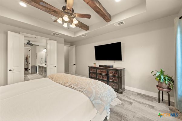 Bedroom, Interior, Recessed Lighting, Wooden Beams, Wood Texture Flooring