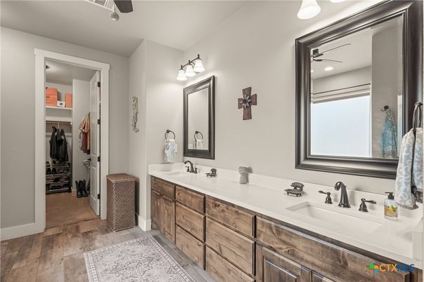 Bathroom, Dual Sink Vanities, Interior, Walk-in Closets, Wood Texture Flooring