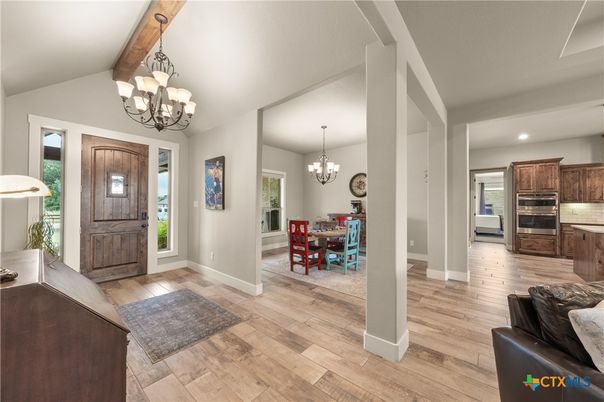 Chandelier, Dining room, Interior, Kitchen, Recessed Lighting, Wood Texture Flooring