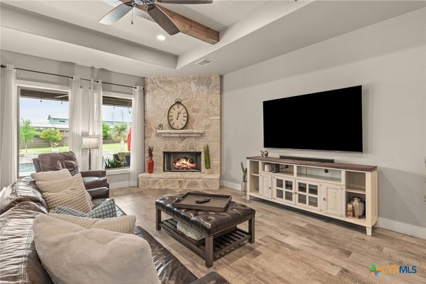 Fireplace, Interior, Living room, Recessed Lighting, Stone Walls, Wooden Beams, Wood Texture Flooring