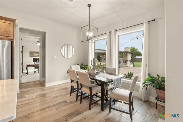 Dining room, Interior, Pendant Lights, Wood Texture Flooring