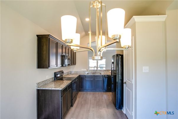 Chandelier, Interior, Kitchen, Recessed Lighting, Wood Texture Flooring