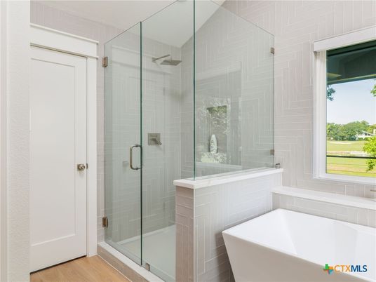 Bathroom, Free Standing Baths, Glass Shower, Interior, Wood Texture Flooring