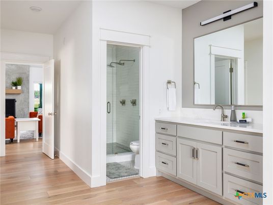 Bathroom, Glass Shower, Interior, Wood Texture Flooring