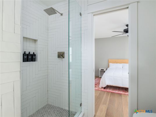 Bathroom, Bedroom, Glass Shower, Interior, Wood Texture Flooring