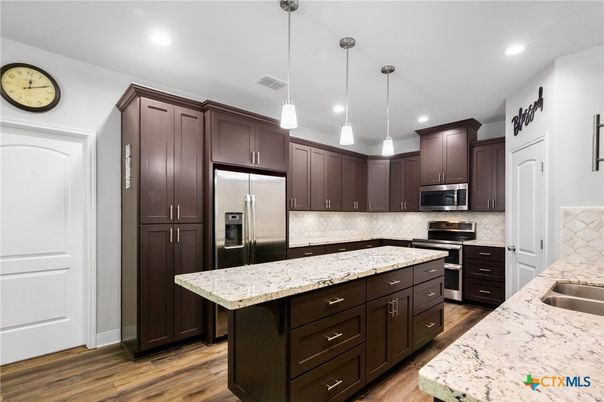 Interior, Kitchen, Pendant Lights, Recessed Lighting, Stainless Steel Appliances, Wood Texture Flooring