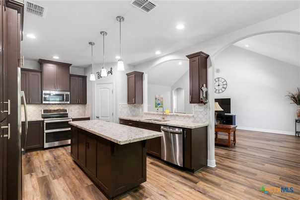 Interior, Kitchen, Pendant Lights, Recessed Lighting, Stainless Steel Appliances, Wood Texture Flooring