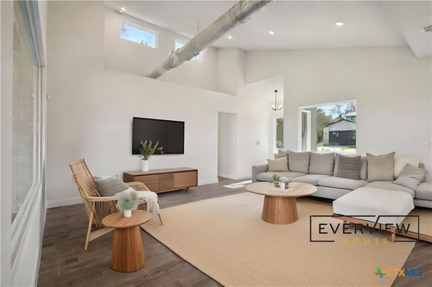 Interior, Living room, Pendant Lights, Recessed Lighting, Wood Texture Flooring