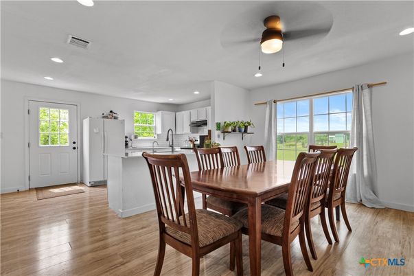 Dining room, Interior, Kitchen, Recessed Lighting, Wood Texture Flooring
