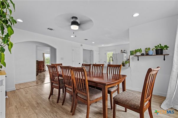 Dining room, Interior, Recessed Lighting, Wood Texture Flooring