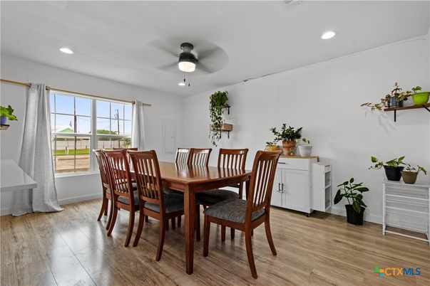 Dining room, Interior, Recessed Lighting, Wood Texture Flooring