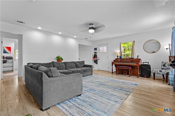 Interior, Living room, Piano, Recessed Lighting, Wood Texture Flooring