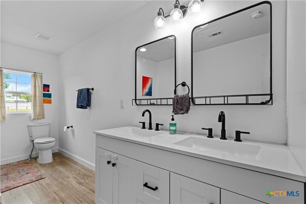 Bathroom, Dual Sink Vanities, Interior, Wood Texture Flooring