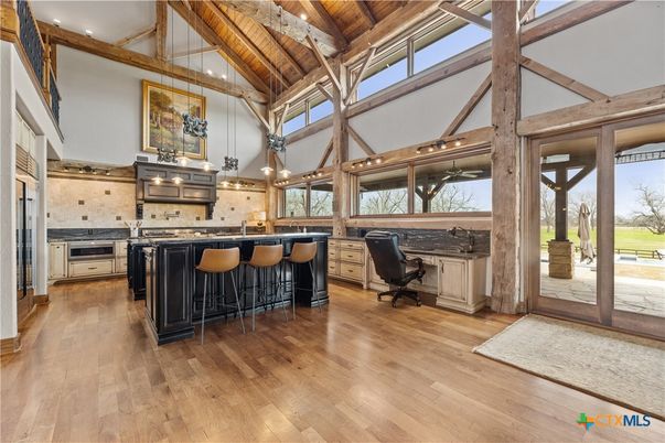 Interior, Kitchen, Pendant Lights, Stainless Steel Appliances, Wooden Beams, Wooden Ceilings, Wood Texture Flooring