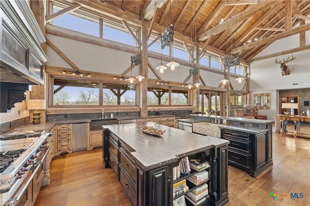 Interior, Kitchen, Pendant Lights, Stainless Steel Appliances, Wooden Beams, Wooden Ceilings, Wood Texture Flooring