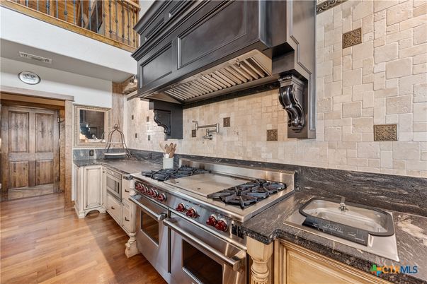 Interior, Kitchen, Stainless Steel Appliances, Stone Walls, Wood Texture Flooring