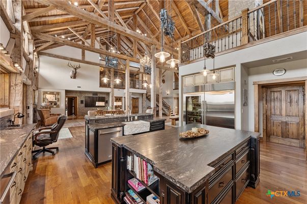 Interior, Kitchen, Pendant Lights, Stainless Steel Appliances, Wooden Beams, Wooden Ceilings, Wood Texture Flooring
