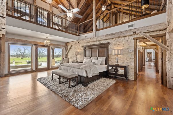 Bedroom, Chandelier, Interior, Stone Walls, Wooden Beams, Wooden Ceilings, Wood Texture Flooring