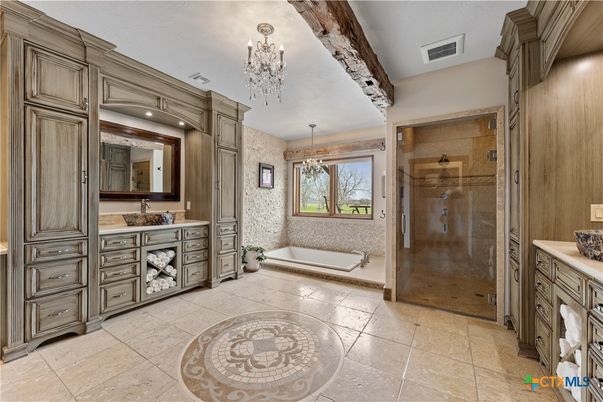 Bathroom, Chandelier, Glass Shower, Interior, Recessed Lighting