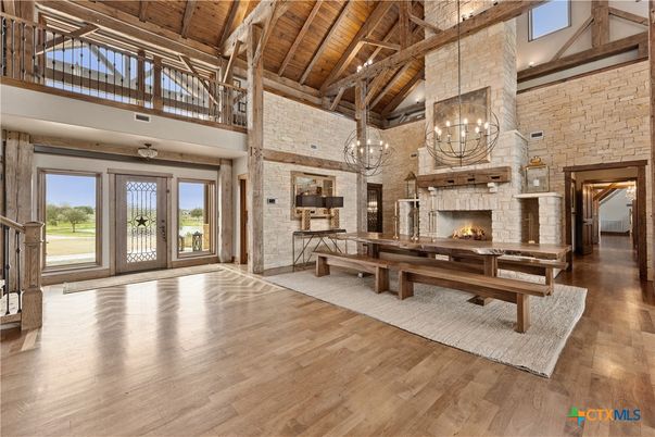 Chandelier, Fireplace, Interior, Stone Walls, Wooden Beams, Wooden Ceilings, Wood Texture Flooring