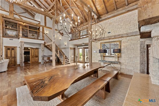 Chandelier, Dining room, Interior, Pendant Lights, Piano, Stone Walls, Wooden Beams, Wooden Ceilings, Wood Texture Flooring