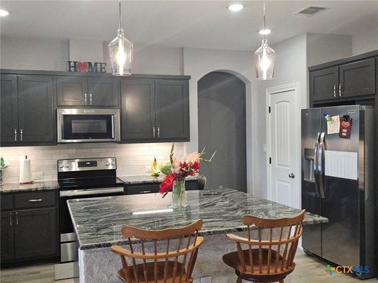 Interior, Kitchen, Pendant Lights, Recessed Lighting, Stainless Steel Appliances, Wood Texture Flooring