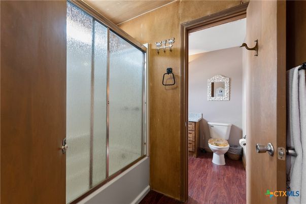 Bathroom, Glass Shower, Interior, Wood Texture Flooring