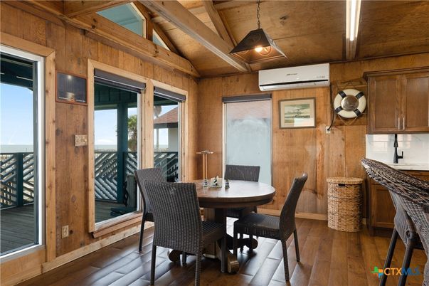 Dining room, Interior, Pendant Lights, Wooden Beams, Wooden Ceilings, Wood Texture Flooring, Wooden Walls