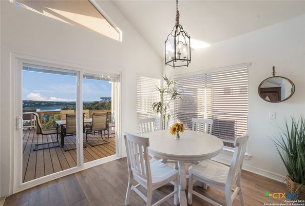 Dining room, Interior, Pendant Lights, Water, Wood Texture Flooring