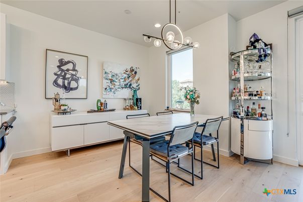 Dining room, Interior, Pendant Lights, Recessed Lighting, Wood Texture Flooring