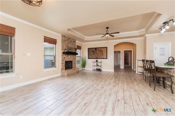 Dining room, Fireplace, Interior, Stone Walls, Wood Texture Flooring