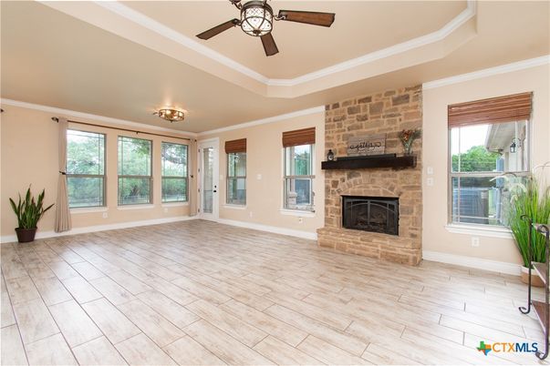 Empty room, Fireplace, Interior, Stone Walls, Wood Texture Flooring