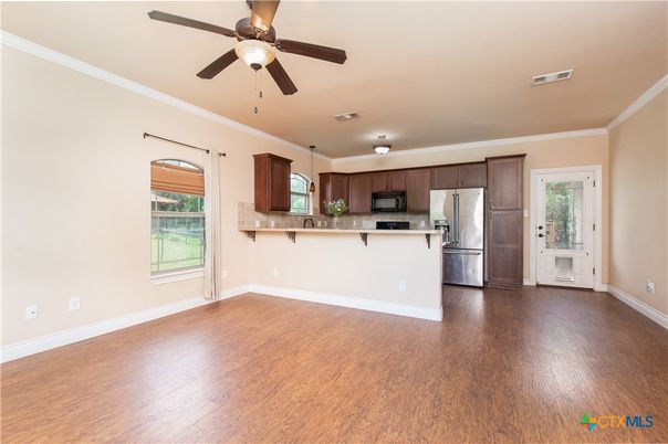 Empty room, Interior, Kitchen, Stainless Steel Appliances, Wood Texture Flooring