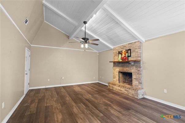 Empty room, Fireplace, Interior, Stone Walls, Wood Texture Flooring