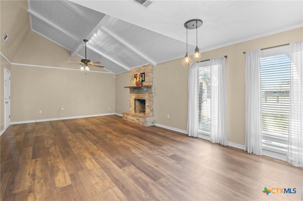 Empty room, Fireplace, Interior, Pendant Lights, Wood Texture Flooring