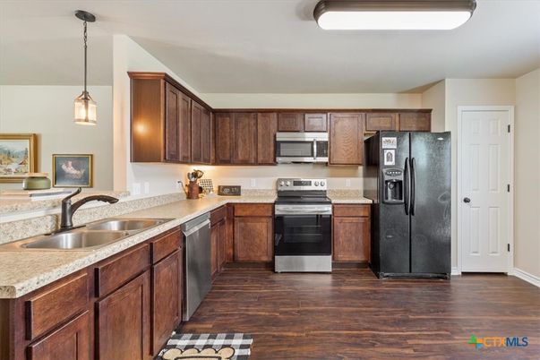 Interior, Kitchen, Pendant Lights, Stainless Steel Appliances, Wood Texture Flooring