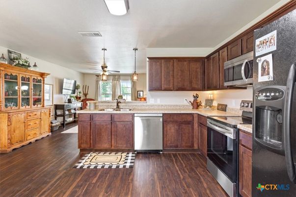 Interior, Kitchen, Pendant Lights, Wood Texture Flooring